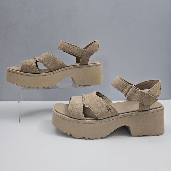 NEW UGG New Heights Sandal Womens 12 Tan Suede Platform Chunky Wedge Ankle Strap - Picture 2 of 14